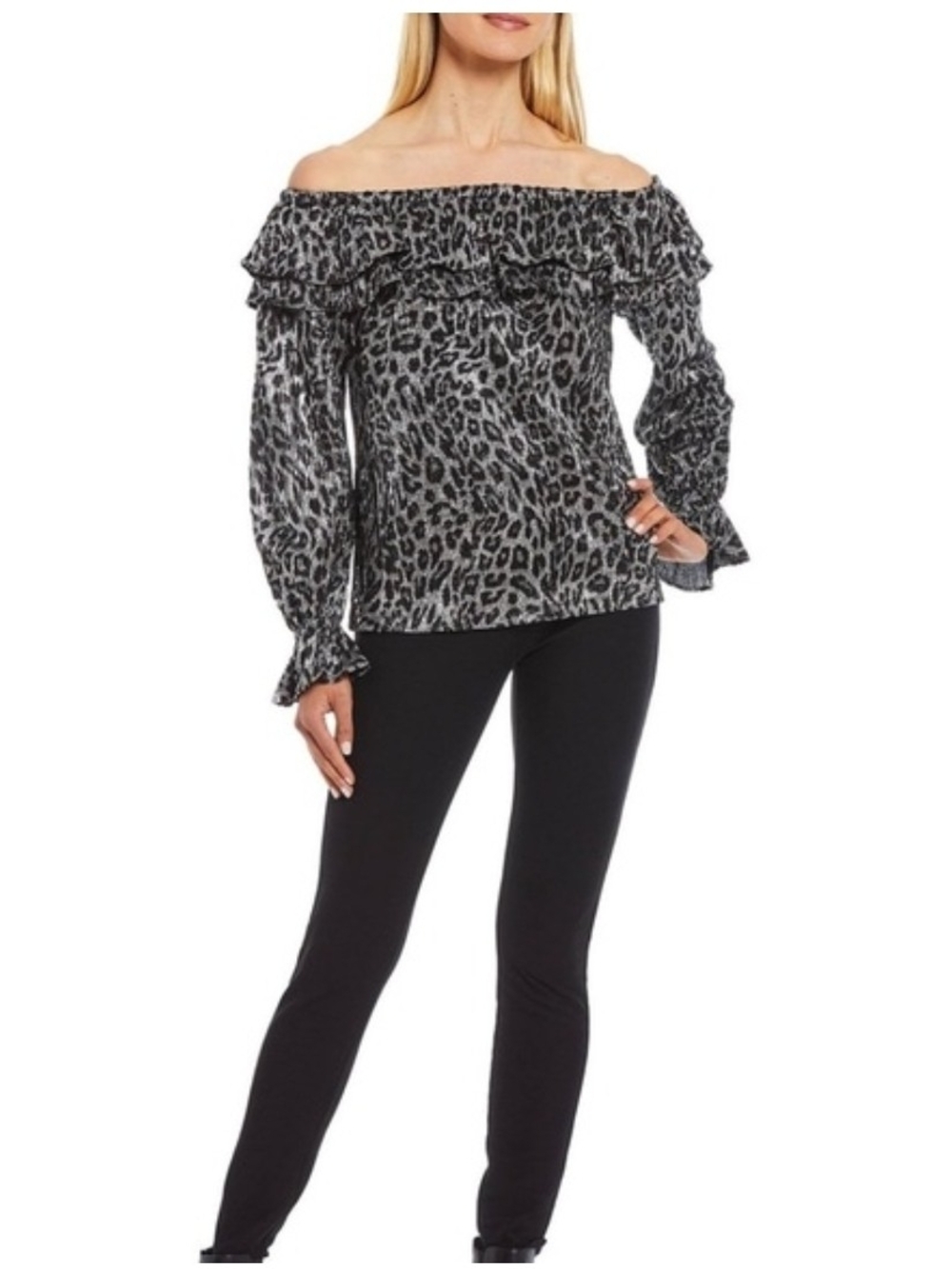 Michael Kors Off-Shoulder Ruffle Leopard Print Top - Black & Gray